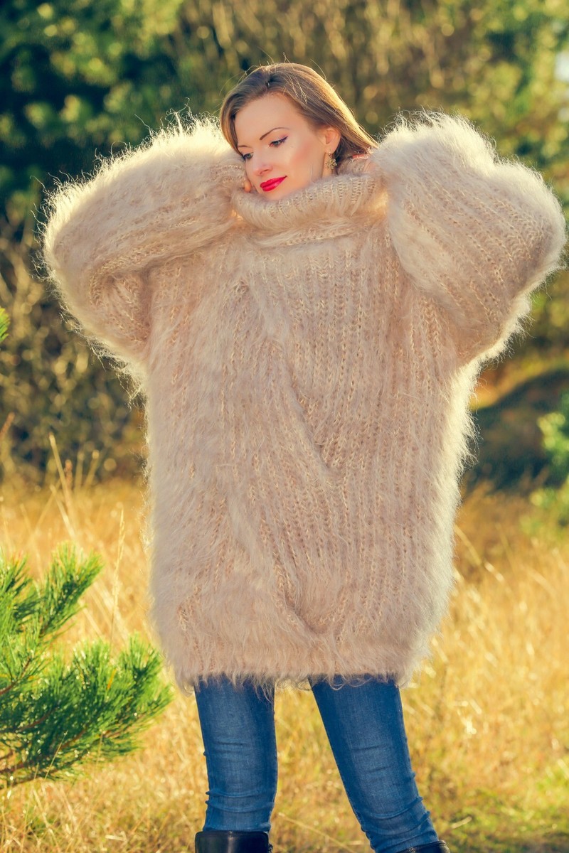 SuperTanya ivory beige fuzzy mohair sweater with slit on the front