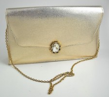 Ande Gold Lame Clutch Evening Purse Vintage Rhinestone Hinged Buckle Optional Ch