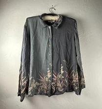 Citron Santa Monica Womens Gray Floral Print Shirt Top Medium Long Sleeve Boho