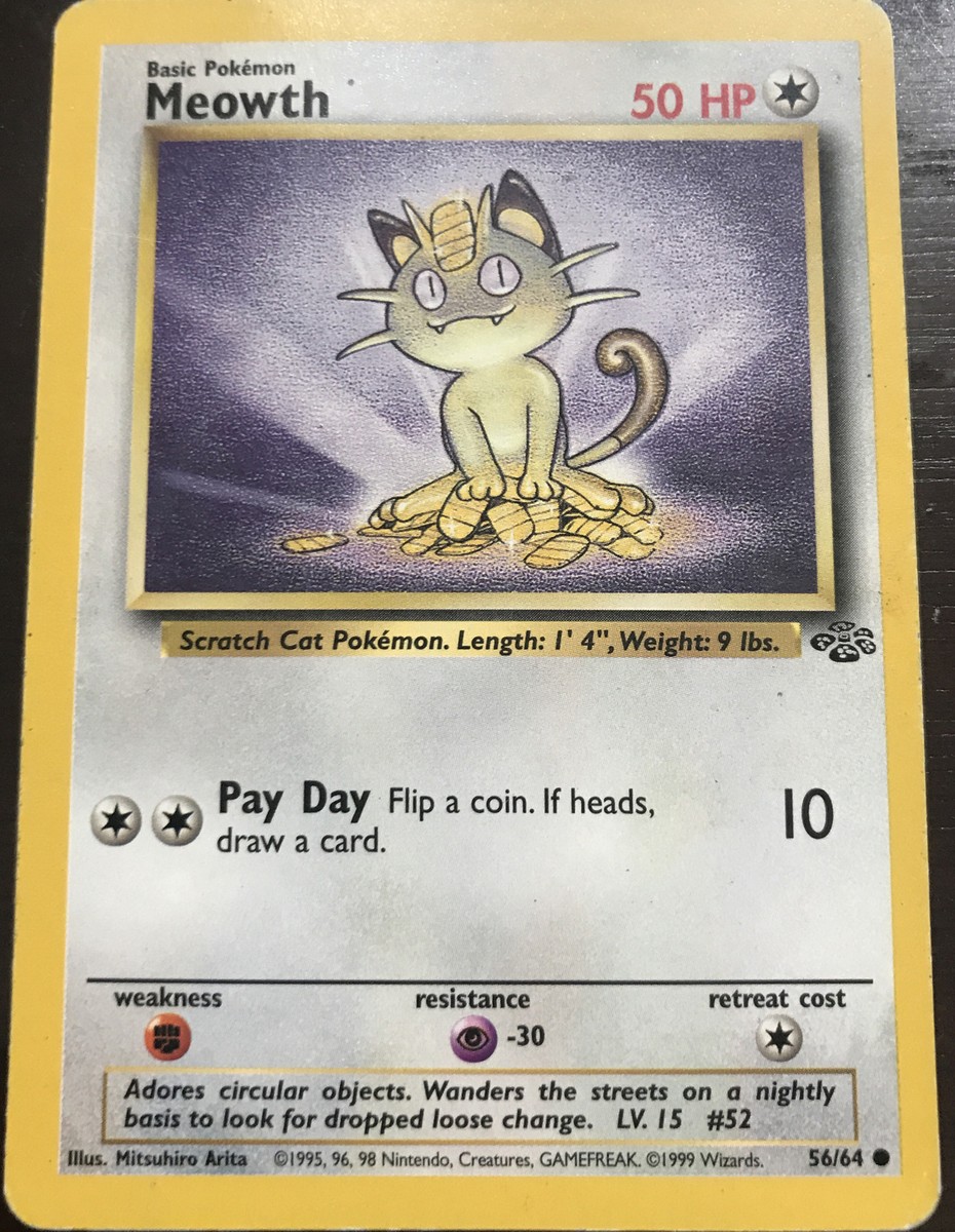 Original Rare Meowth 1995 Pokemon Card First Base Set, (Jungle) Mint  Condition