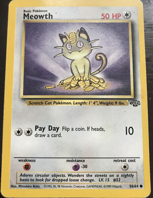 rare meowth pokemon card Original Rare Meowth 1995 Pokemon Card First Base Set, (Jungle) Mint  Condition