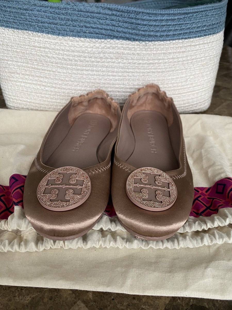 TORY BURCH Minnie Travel Ballet With Pave Logo Flat Blush Satin