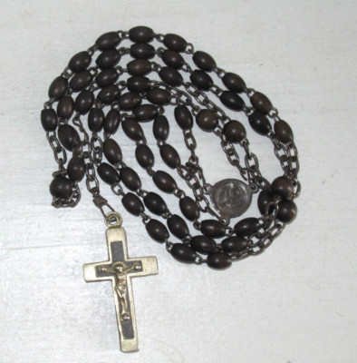 Early 1900's Sacred Heart Icon Rosary Brass & Ebony Wood Crucifix