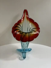 Vintage Jack In The Pulpit 13” Art Glass Vase Venetian Cornucopia Red & Blue