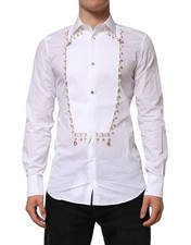 Dolce & Gabbana White Cotton DG Logo Pearl Chain Formal Men's Shirt Authentic