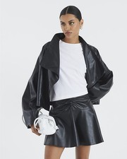 River Island Womens Mini Skirt Black Faux Leather Ruched Zip Fastening Bottom