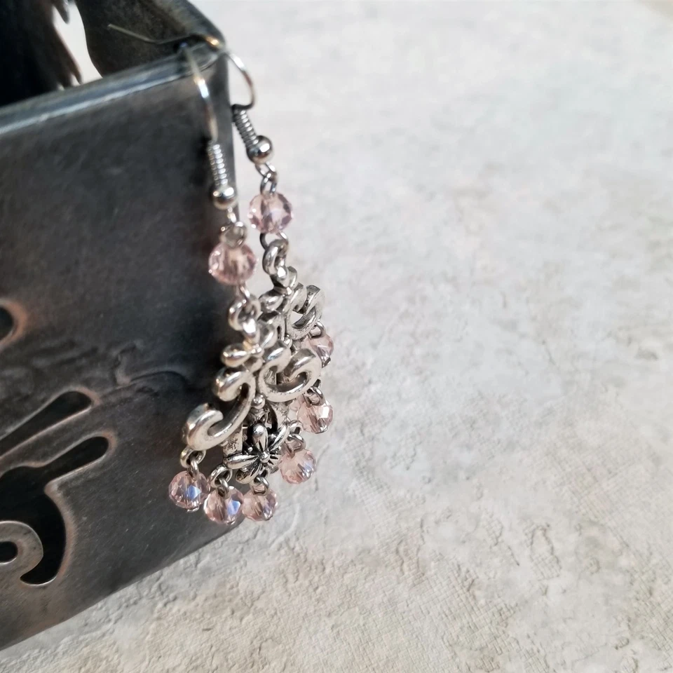 Victorian Pink Faceted Crystal Art Nouveau Silver Scroll Chandelier Earrings - Image 3 of 4