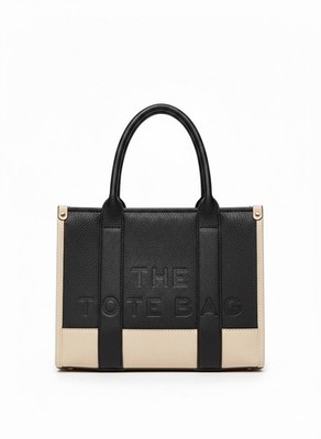 Large Vegan Leather Tote Bag - Black & Cream Two-Tone Handbag with Top Handle