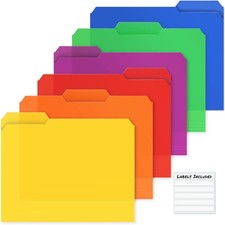 Plastic Filing Folders, 1/3 Tab, Letter Size Documents, 6 Pack Assorted Colors,
