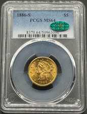 1886-S $5 LIBERTY GOLD HALF EAGLE PCGS MS64 CAC 12XXCA25