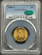 1886-S $5 LIBERTY GOLD HALF EAGLE PCGS MS64 CAC 12XXCA25