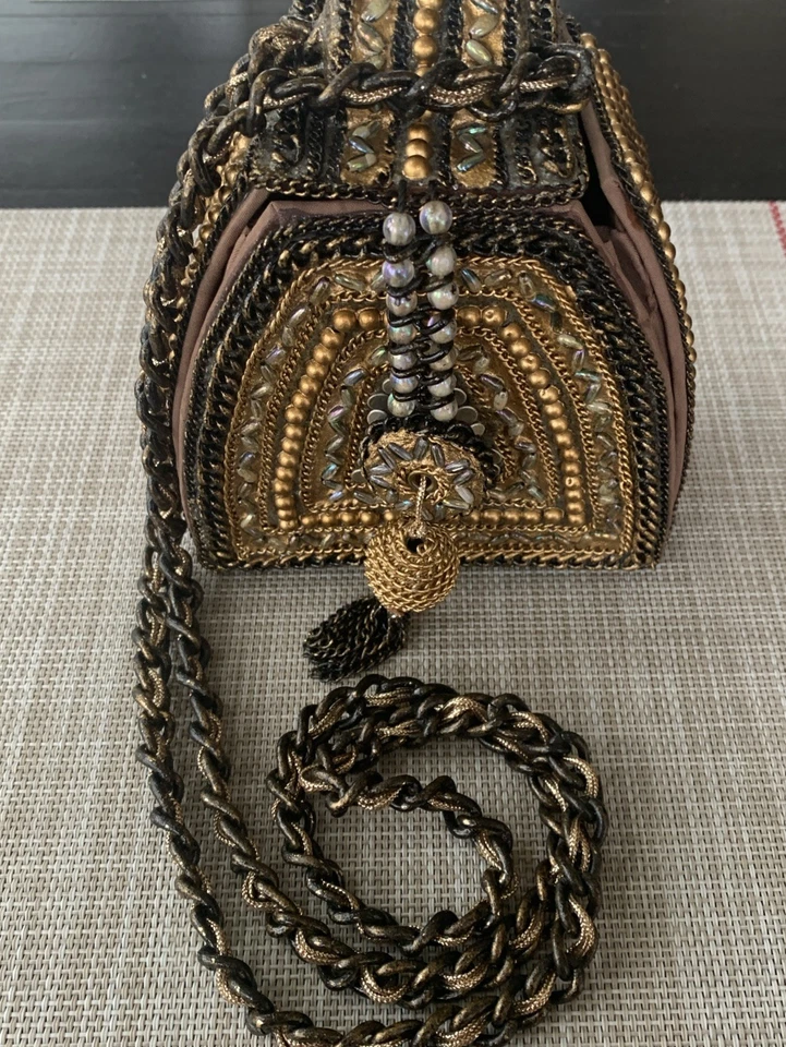 Mary Frances Caja Cadena Correa Bolso Cartera Bronce Dorado Cuentas De Colección