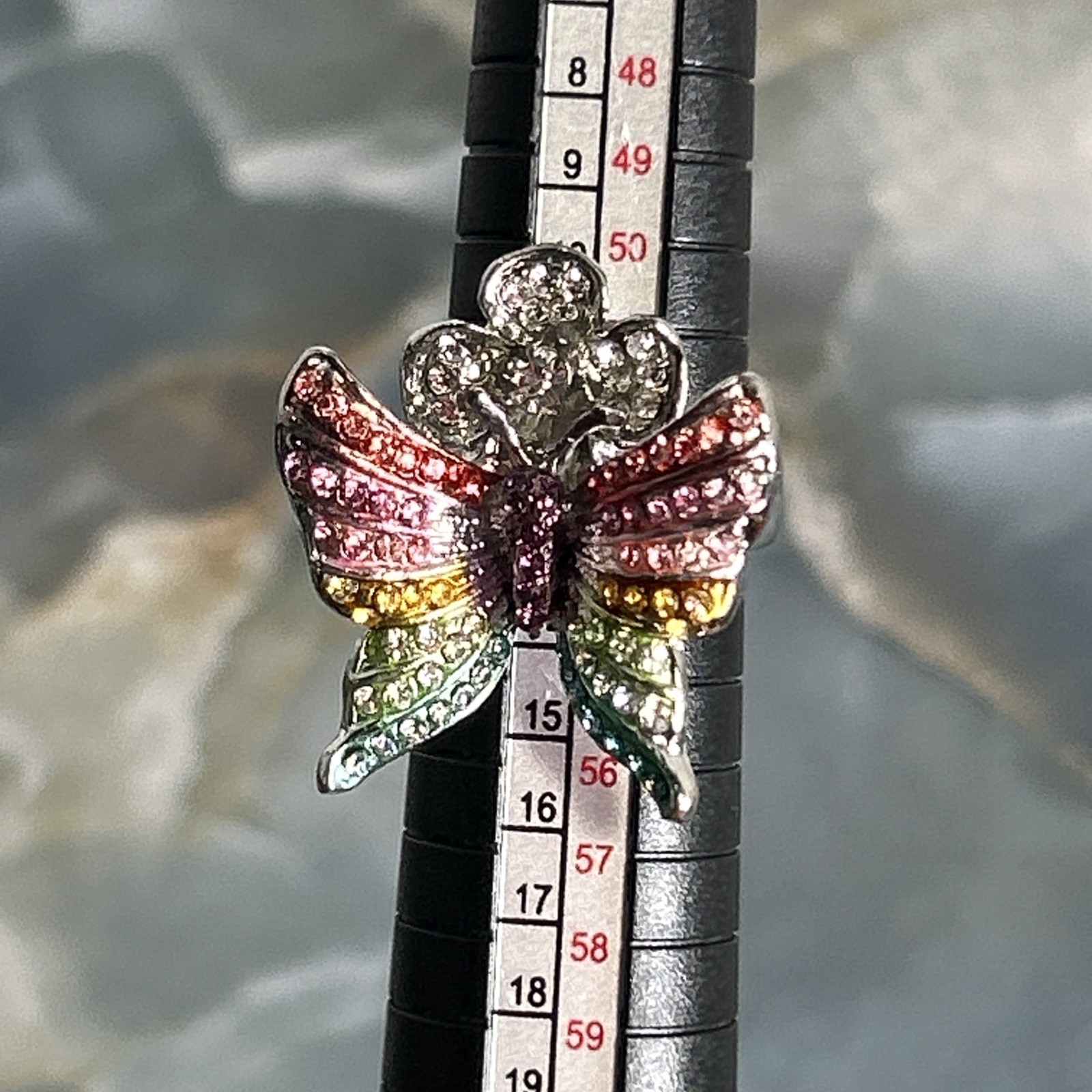 Vintage Silver Tone Statement Ring Butterfly Rain… - image 12