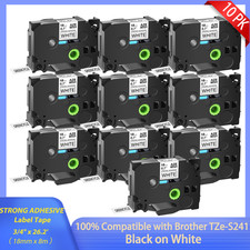 10PK TZS241 Black on White 18mm 3/4" Strong Adhesive Tape Fit for Brother PT1600