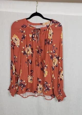 Daniel Rainn Blouse L Rust Brown Floral Boho Tassel Peasant Boho Casual Fall