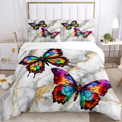 AILONEN Set Biancheria Da Letto In Microfibra Con Motivo Marmo E Fiori Dorati – 3 Pezzi (Trapunta 170x215, 2 Federe), Letto Matrimoniale - 3