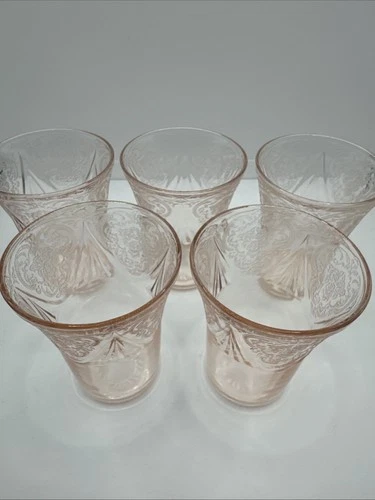 Vintage Hazel Atlas Pink Royal Lace Depression 9 oz - 4 1/4" Tumblers • Set of 5