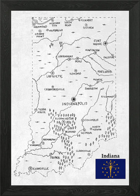 Hand Drawn Map of Indiana Framed Wall Art Poster Canvas Print Picture