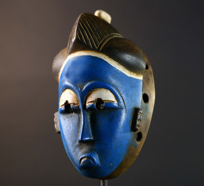 African Guro Mask Handcrafted Blue Face Tribal Wood Sculpture Ethnic-G5748