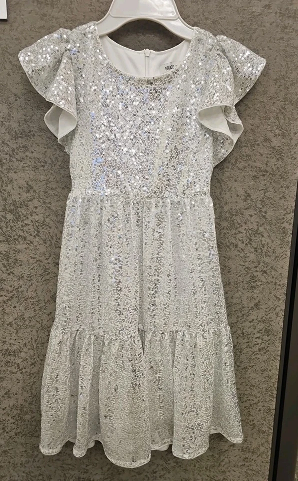 Vestido Formal de Fiesta Grace Karin Niñas Plateado Lentejuelas Volantes Manga Talla 8Y Vacaciones Foto 2 de 4