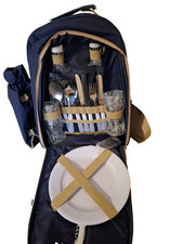 2 Person Picnic Backpack Cool Bag Canvas Hamper Rucksack Set, Blue 