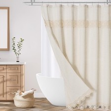 Boho Farmhouse Shower Curtain Set, Linen Cotton Fabric Shower Curtain with Ma...