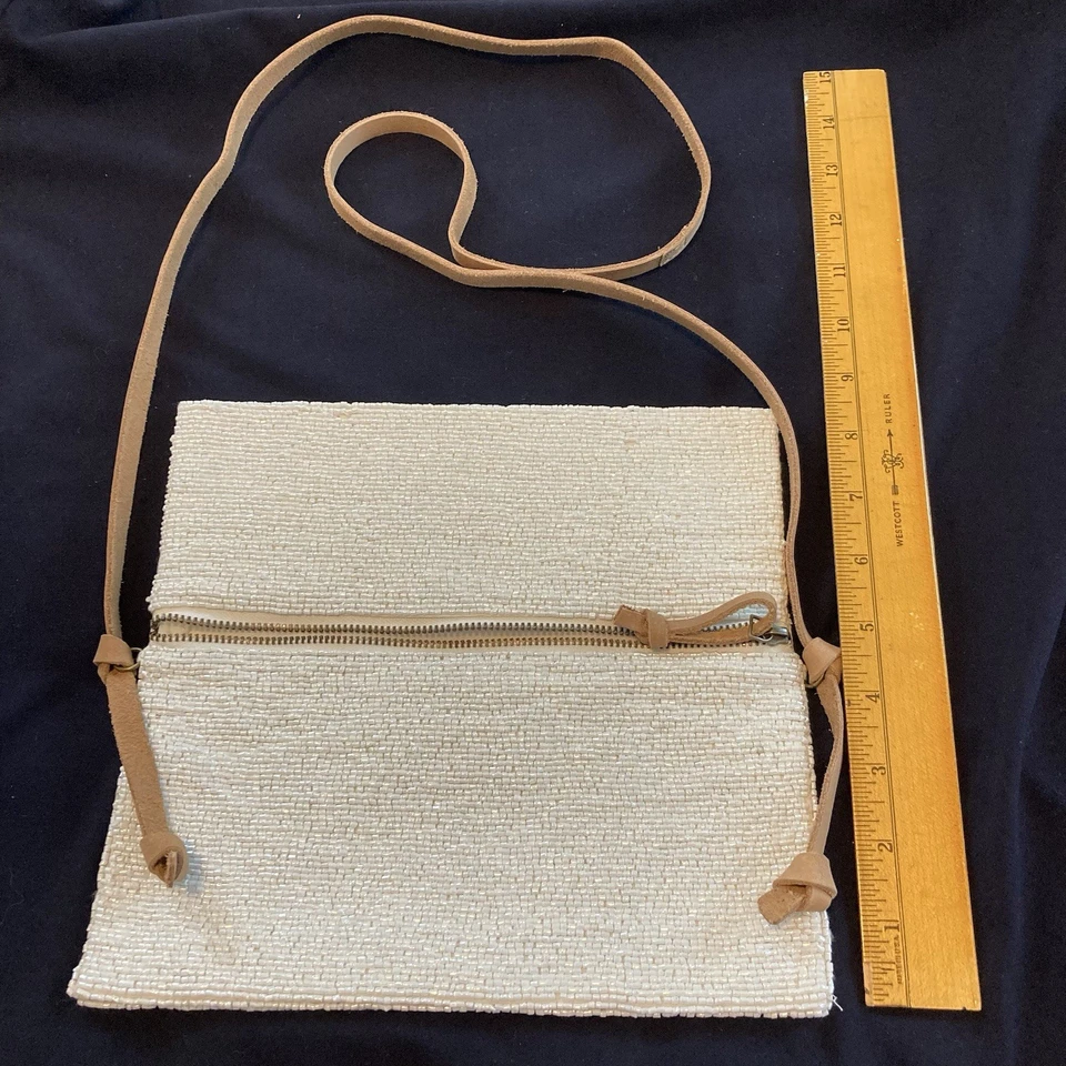 White Beaded Crossbody Bag Leather Strap With Zipper Closure Free People - Image 2 of 4