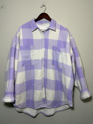 Aerie Quilted Sherpa Lined Purple Plaid Button Up XL