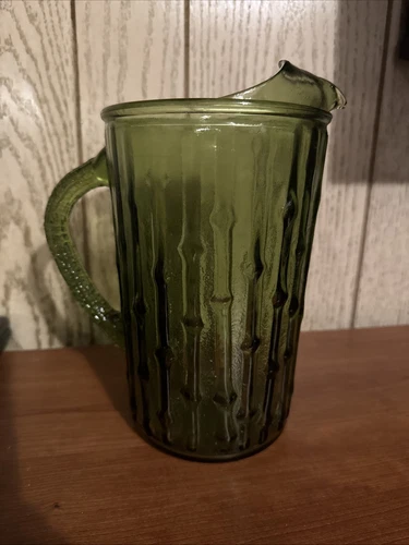 Vintage Anchor Hocking Tahiti Bamboo Green Glass Pitcher