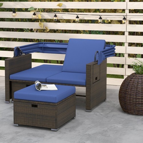 Outdoor Patio Rattan Daybed W/ Retractable Canopy Sofa Bed Loveseat Lounger Set - Picture 2 of 14