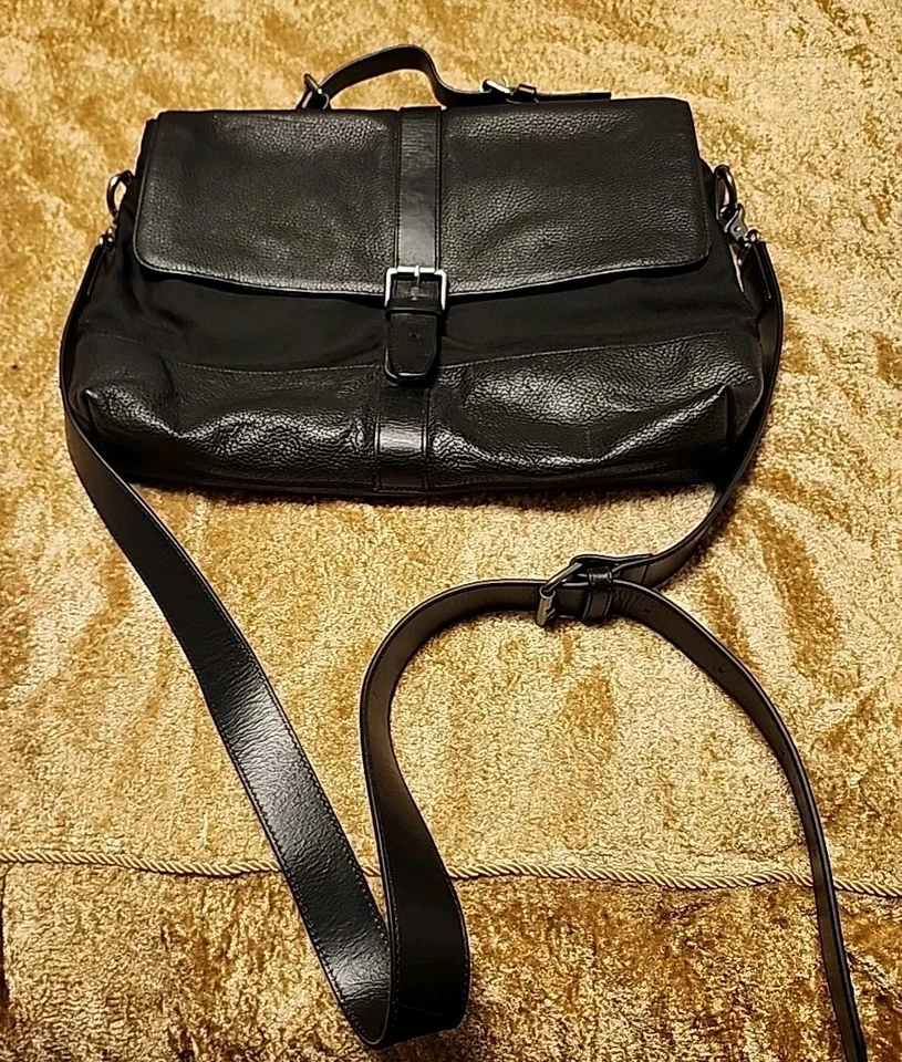 John Varvatos Hombre Cuero Negro/Nylon Portátil Mensajero Maletín Bolso Foto 2 de 4