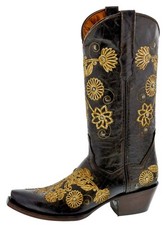 Womens Leather Rodeo Boots Western Dark Brown Floral Embroidered Size 7, 8, 9