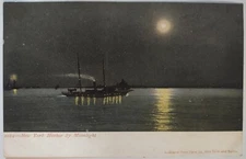 Vintage Postcard New York Harbor by Moonlight Steamboat Unposted Undivided Back