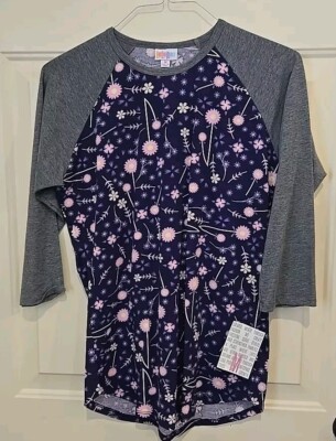 LuLaRoe Randy, 3/4 Sleeve Shirt, Size Medium, Purple Floral/Gray Sleeves, NWT