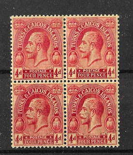 TURKS & CAICOS ISLANDS 1922 26 KGV 4d block of 4 mnh
