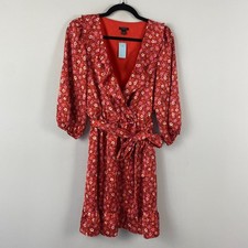 Ann Taylor Ruffle Neck Faux Wrap Dress Size 4P Red Pink Floral Balloon Sleeves