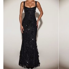 Oh Polly Vasanta Black Embellished Applique Soft Scoop Corset Gown Maxi NEW