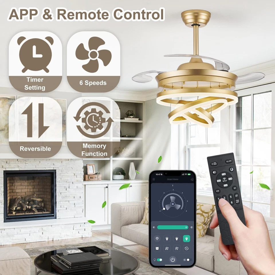 42 Inch Retractable Ceiling Fans with Lights Remote/APP Control Ceiling Fan M... - Image 3 of 4