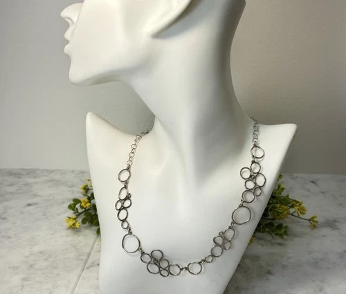 Vtg Sterling Silver 925 Artisan Freehand Circles Rings Necklace 17.5L Adjustable