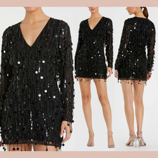 NWT Mac Duggal [ 4 ] 93850 Long Sleeve Beaded Fringe Plunge Neck Dress J1893