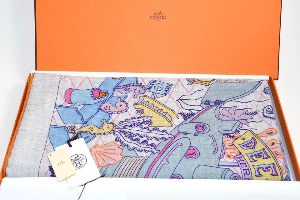 Chal Hermès Splash Park 140 Cm Bufanda De Cachemira Y Seda Azul Gris 56" 051 - Imagen 2 de 4