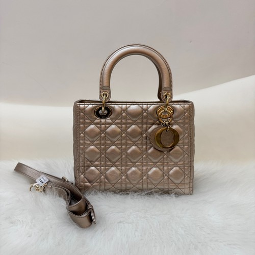 Authentic Dior Lady Dior Medium Champagne Gold Leather Cannage Bag Gold Hardware