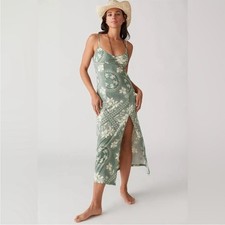 Urban Outfitters Arna Midi Slip Dress With Slit Green Floral Size XS