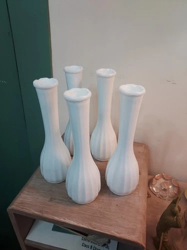 Lot of 5 Vintage CLG Co. White Milk Glass Long Stem Bud Vases  Wedding 8.75 inch