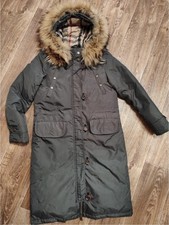 Women s Burberry Brit Down Parka Jacket Long Hooded Fur Trim Khaki Size M