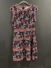MICHAEL KORS Floral Dress Sleeveless Tiered Navy Blue Pink White V-Notch Neck L