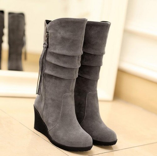 New Ladies Women Boots High Heel Shoes Winter Mid Calf Wedge shoes All Size - Bild 20 von 25