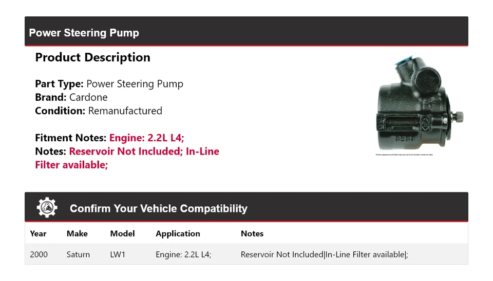 For 2000 Saturn LW1 2.2L L4 Power Steering Pump Cardone - Image 2 of 4