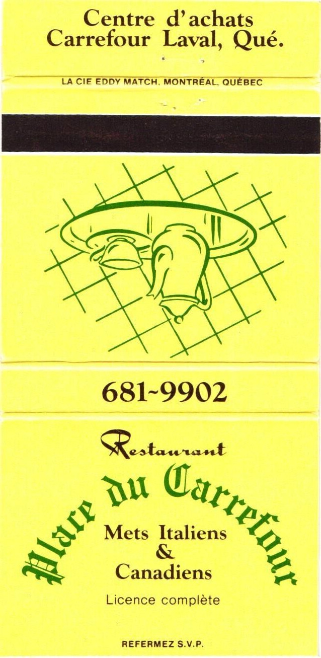 Cubierta de libro de cerillas vintage italiana y canadiense Canada Restaurant Place du Carrefour