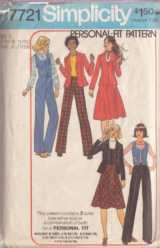 SIMPLICITY PATTERN 9/10-11/12 7721 YOUNG JR/TEEN JACKET, VEST, BIAS SKIRT, PANTS